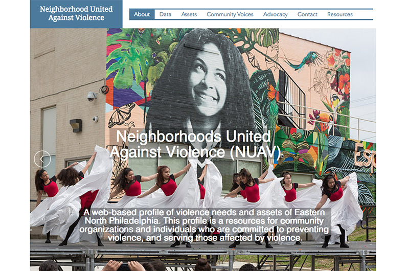 The homepage of NUAVNow.org featuring a mural found in North Philadelphia and some dancers in front of it.